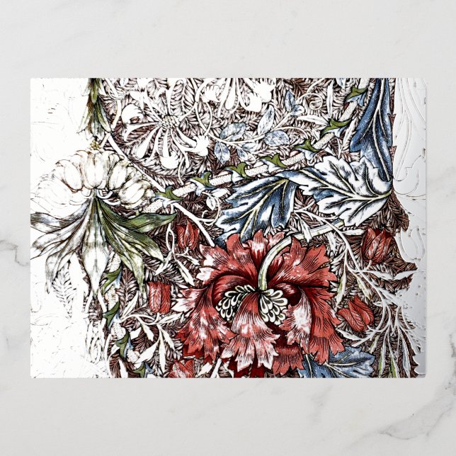 William morris wreath floral textile art red blue foil holiday postcard (Front)