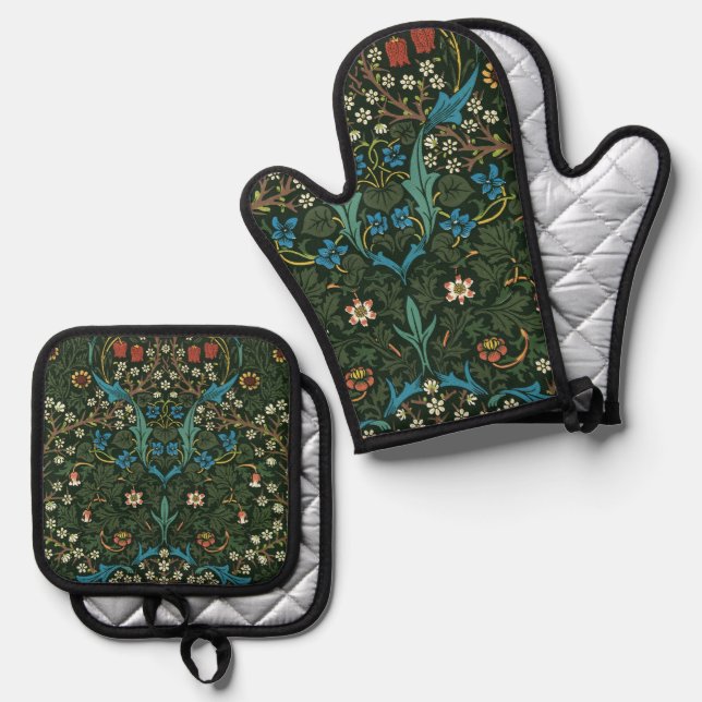 William Morris's (1834-1896) Tulip pattern. Oven Mitt & Pot Holder Set (Front/Back)