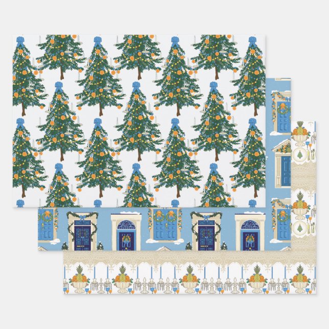 Williamsburg Christmas Blue and Orange Wrapping Paper Sheet (Set)