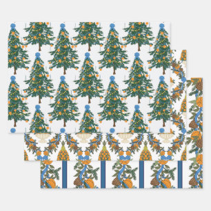 Williamsburg Christmas Blue and Orange Wrapping Paper Sheet
