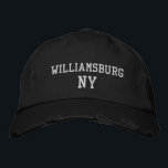 WILLIAMSBURG NY on Black Vintage Style Embroidered Hat<br><div class="desc">WILLIAMSBURG NY embroidery on Black distressed vintage style cotton hat. Embroidery is customisable to other colour choices by selecting the "Edit Design" tool button. Also available is the option to select choice of hat colour on the main item page.</div>