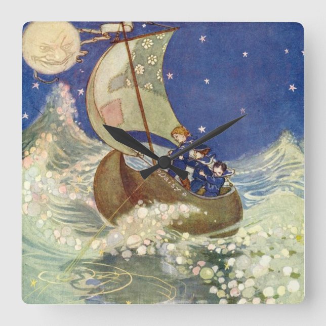 Willie Pogánys Wynken, Blynken, and Nod Square Wall Clock (Front)