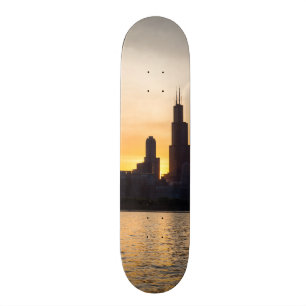 Willis Tower Sunset Sihouette Skateboard
