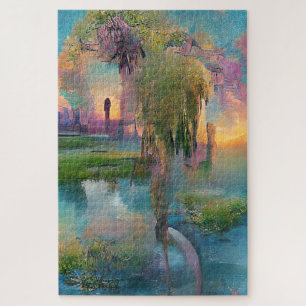  Willow and wisteria by the pond at sunset Jigsaw Puzzle
