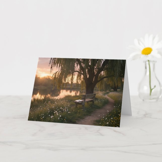 Willow Bench Lake Sunset Blank Greeting Card (Small Plant)