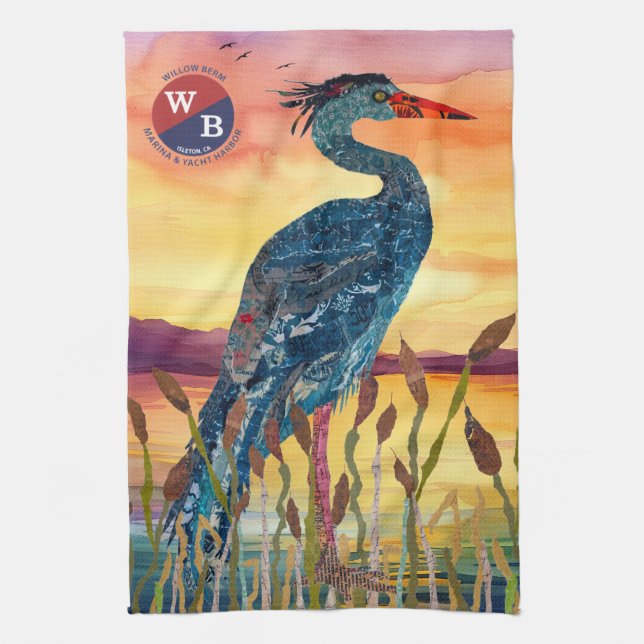 Willow Berm Marina Blue Heron Sunset Kitchen Towel (Vertical)