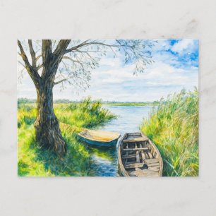 Willow boats calm river aquarell havelland holiday postcard