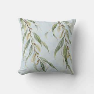 Willow Branches Mist Blue Botanical Watercolor Cushion