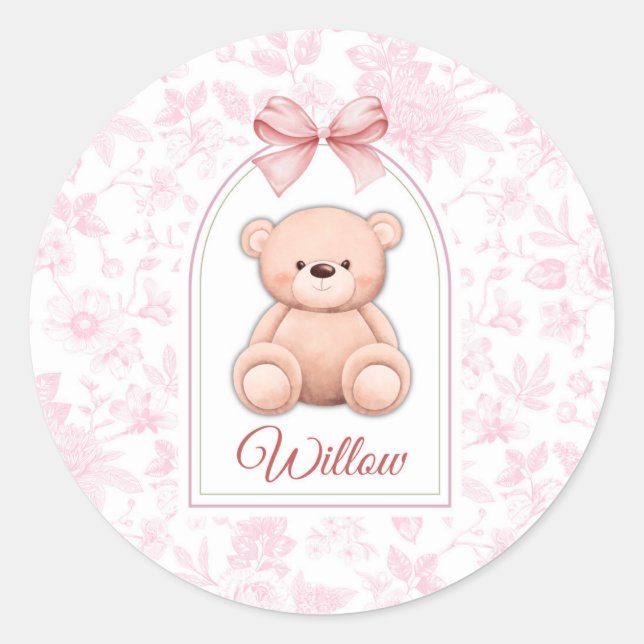 Willow | Custom Pink Teddy Bear Nursery Design  Classic Round Sticker (Front)