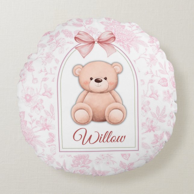 Willow | Custom Pink Teddy Bear Nursery Design  Round Cushion (Front)
