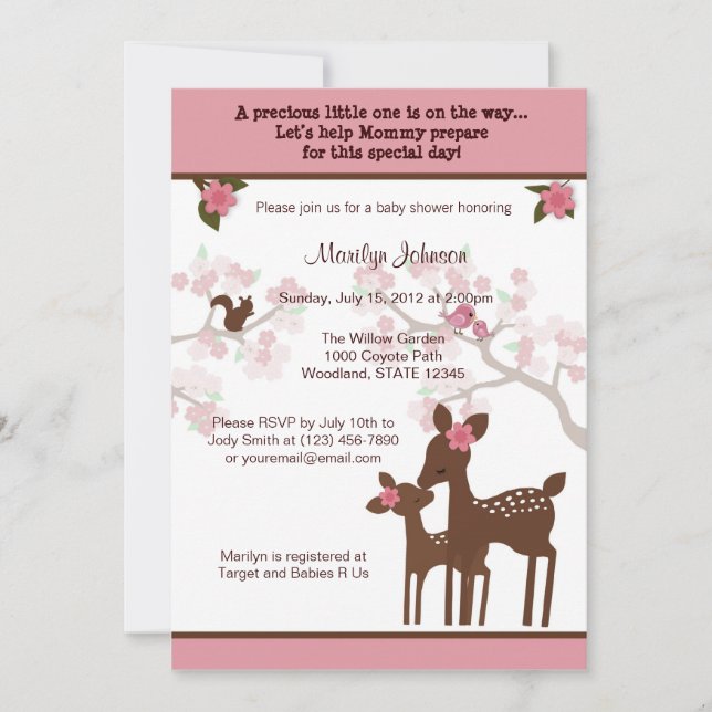 Willow Deer Baby Shower Invitation forest PINK (Front)
