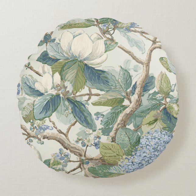 Willow Little Magnolia Wallpaper Floral Coastal  Round Cushion (Front)