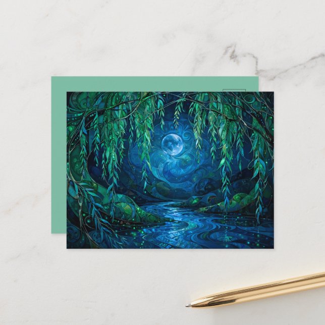 Willow Moon Flowing River Night Green Blue Postcard (Front/Back In Situ)