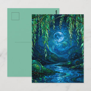 Willow Moon Saille Flowing River Green Blue Night Postcard