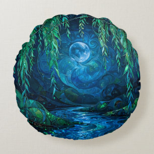 Willow Moon Saille Flowing River Green Blue Night Round Cushion