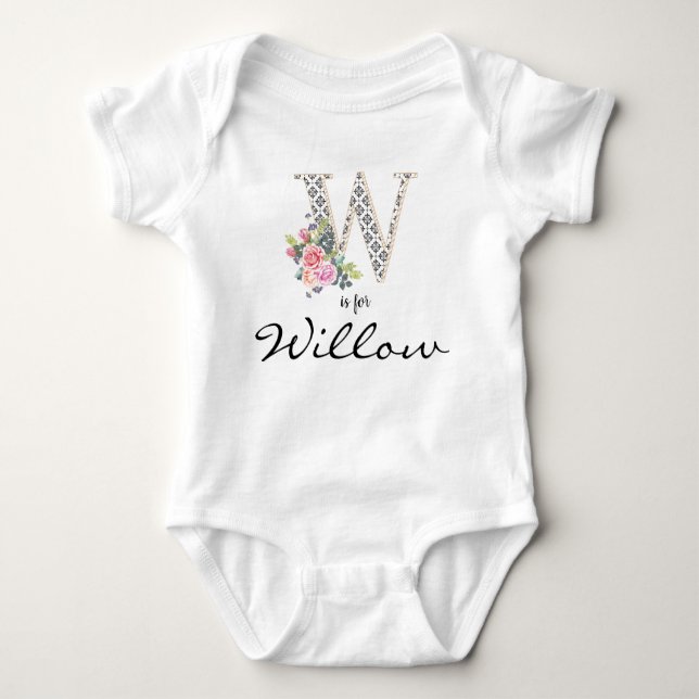 Willow Name Reveal Floral Letter W Retro Flower Baby Bodysuit (Front)