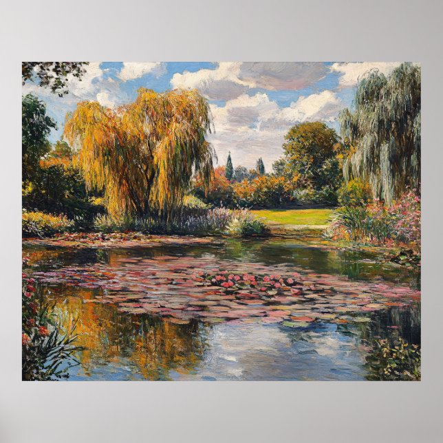 Willow Tree and Lily Pads Landscape Painting Poster (Front)