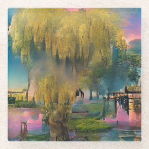 Willow tree at sunset by the pond glass coaster