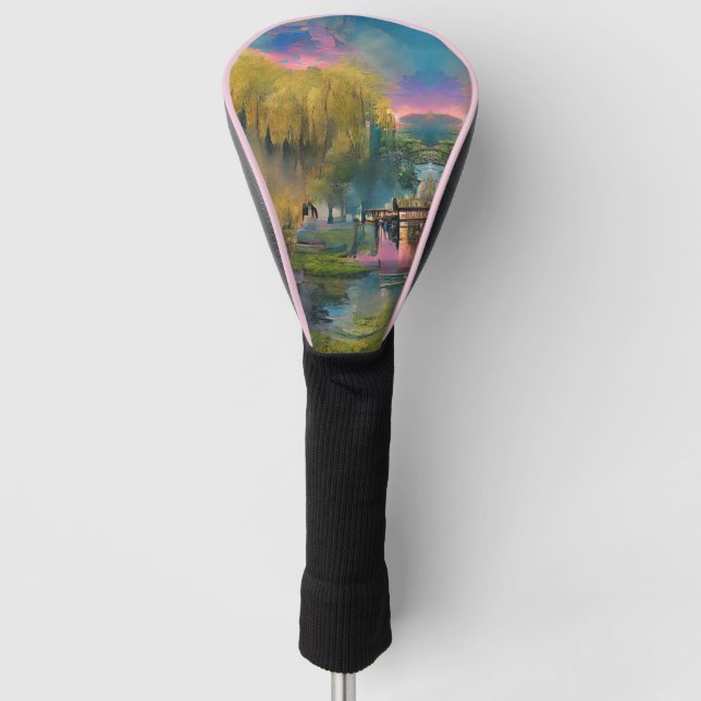 Willow tree at sunset by the pond   golf head cover (Front)