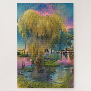 Willow tree at sunset by the pond  jigsaw puzzle