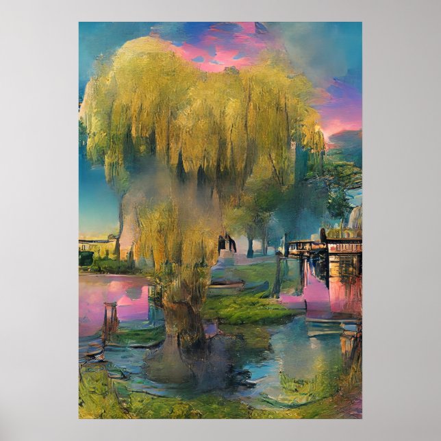 Willow tree at sunset by the pond    poster (Front)