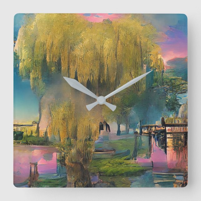Willow tree at sunset by the pond  square wall clock (Front)
