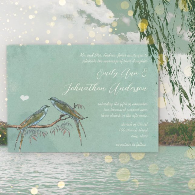 Willow Tree Grove Green Blue Love Bird Wedding  Invitation (Creator Uploaded)