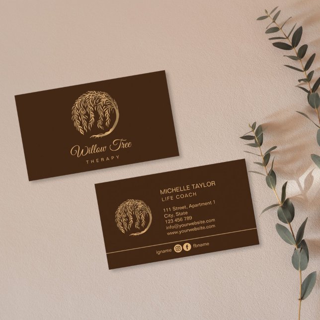 Willow Tree of Life Coach, Therapy, Psychologist B Business Card (gold willow tree logo for therapy)