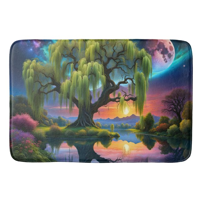 Willow tree under a Full Moon N Starry sky Sunset Bath Mat (Front)