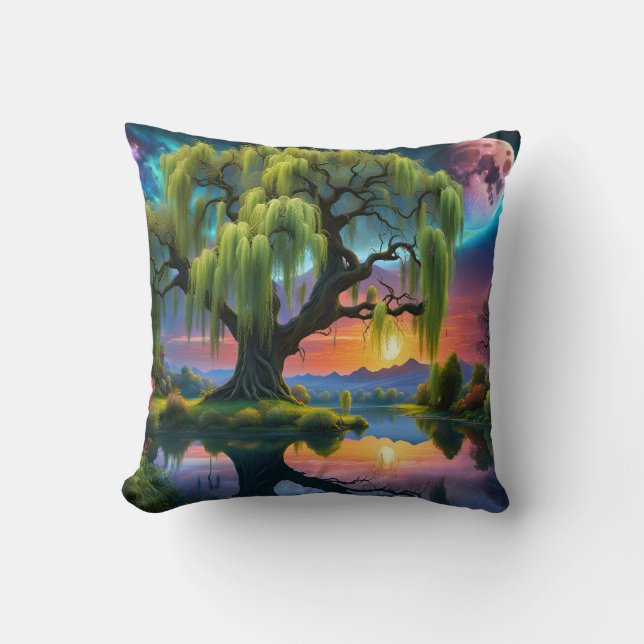 Willow tree under a Full Moon N Starry sky Sunset Cushion (Front)