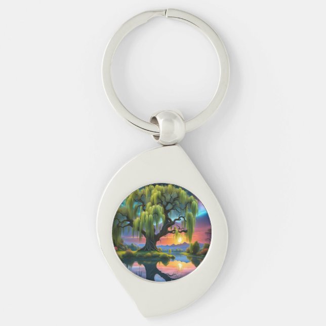 Willow tree under a Full Moon N Starry sky Sunset Key Ring (Front)