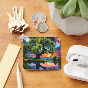 Willow tree under a Full Moon N Starry sky Sunset Key Ring