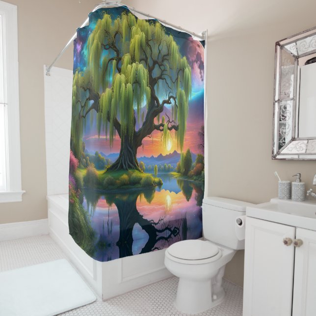 Willow tree under a Full Moon N Starry sky Sunset Shower Curtain (In Situ)