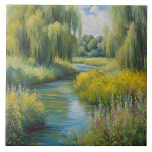 Willow Trees and Wildflowers near River in Summer Tile