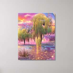 Willow trees at Pink sunset by the pond Canvas Print