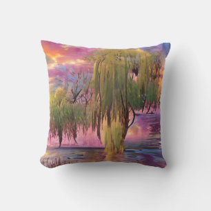 Willow trees at Pink sunset by the pond Cushion