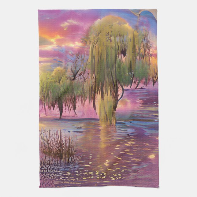  Willow trees at Pink sunset by the pond  Tea Towel (Vertical)
