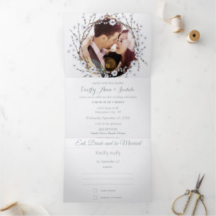 Willow Twig Blue Floral Wreath Wedding Tri-Fold Invitation