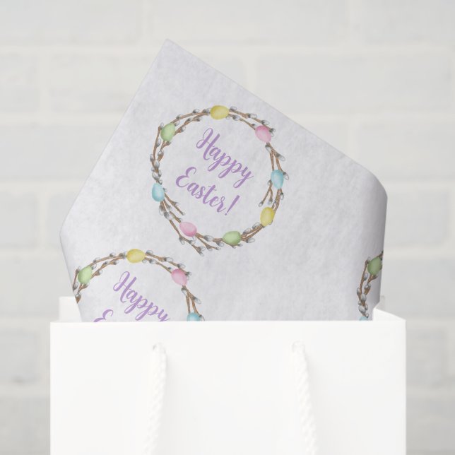 Willow Wreath With Colorful Eggs Happy Easter Tissue Paper (Gift Bag)