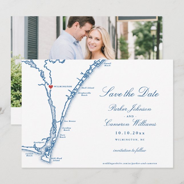 Wilmington NC Map Navy Blue Save The Date (Front/Back)