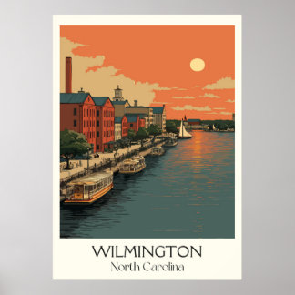 Wilmington NC Vintage Riverfront City Sunset Art Poster