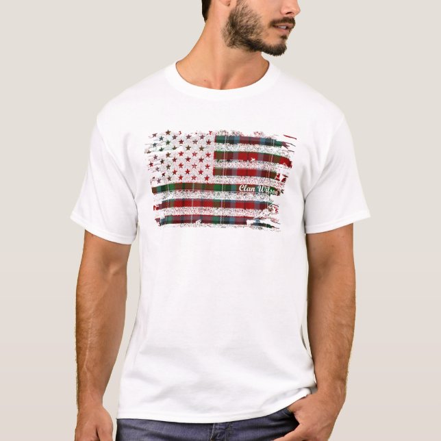 Wilson Surname American Flag Scottish Clan Tartan T-Shirt (Front)