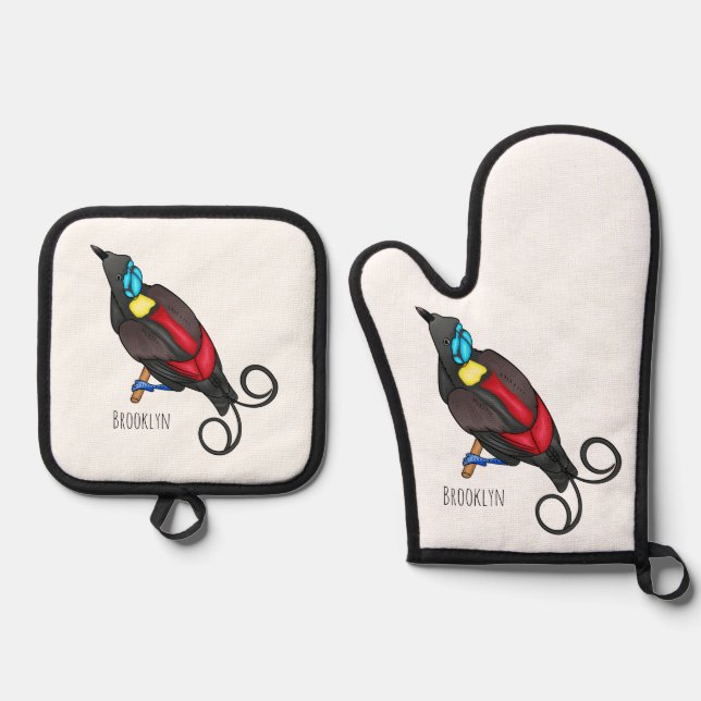 Wilson's bird-of-paradise bird cartoon oven mitt & pot holder set (Front)