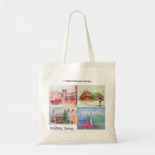Wilton, Iowa Watercolor Collage Tote Bag