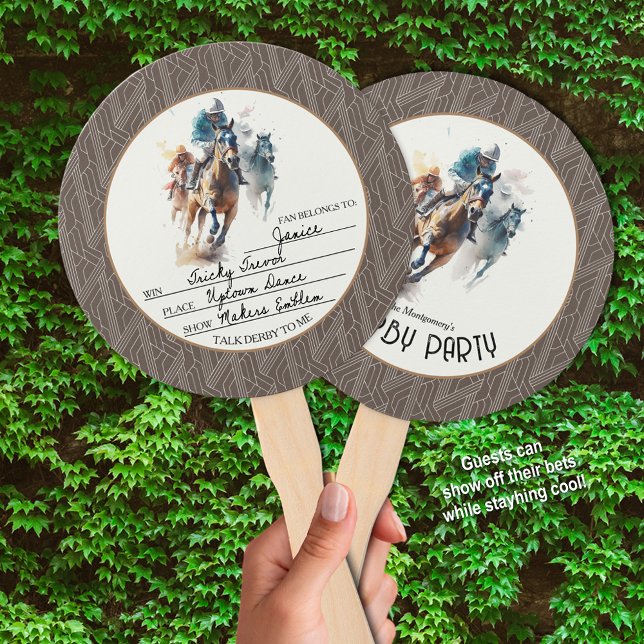 Win Place Show Racehorses Derby Party Brown Hand Fan (Derby hand fans keep guests cool and they can write their bets on one side.)