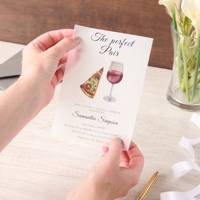 Wina and Pizza Watercolor Bridal Shower Vellum Invitations (Handheld)
