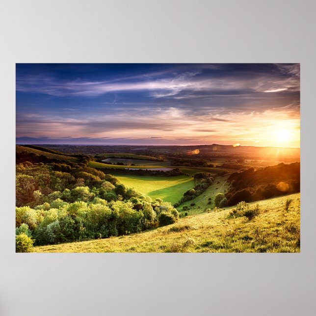Winchester hill sunset across folding farmland poster (Front)