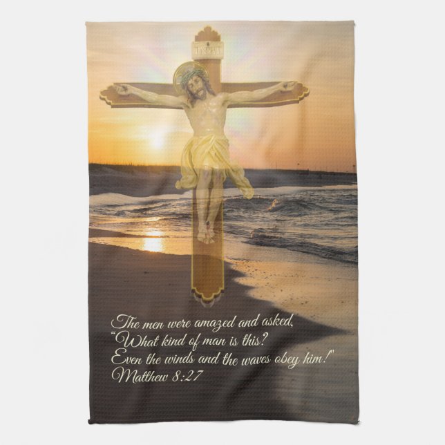 Wind And Waves Obey Him Tea Towel (Vertical)