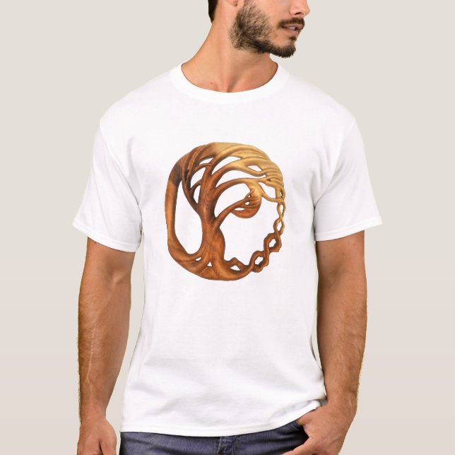 Wind Blown Tree & Moon, Wood Carved Tree of Life T-Shirt (Front)
