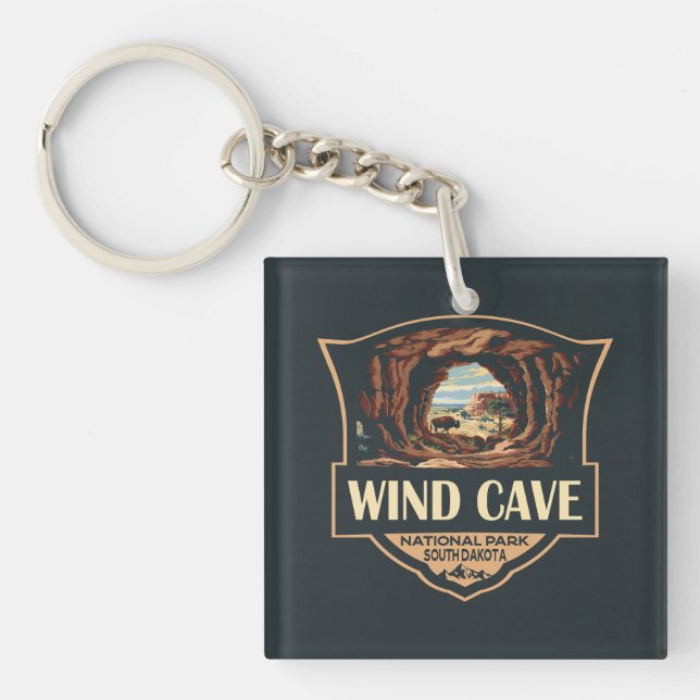 Wind Cave National Park Illustration Retro Badge Key Ring (Front)